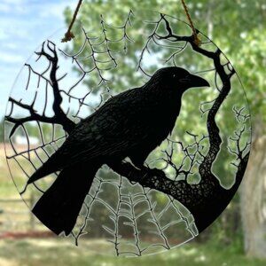 Eerie Black Crow Bird Raven in Tree Window Sun Hanging Sun Catcher Suncatcher
